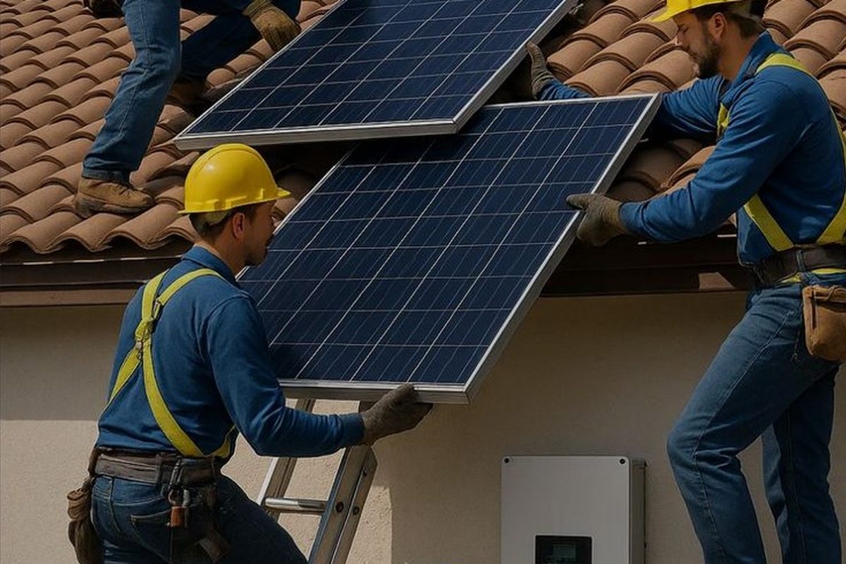 Installation team lifting a solar panel onto a rooftop mounting structure