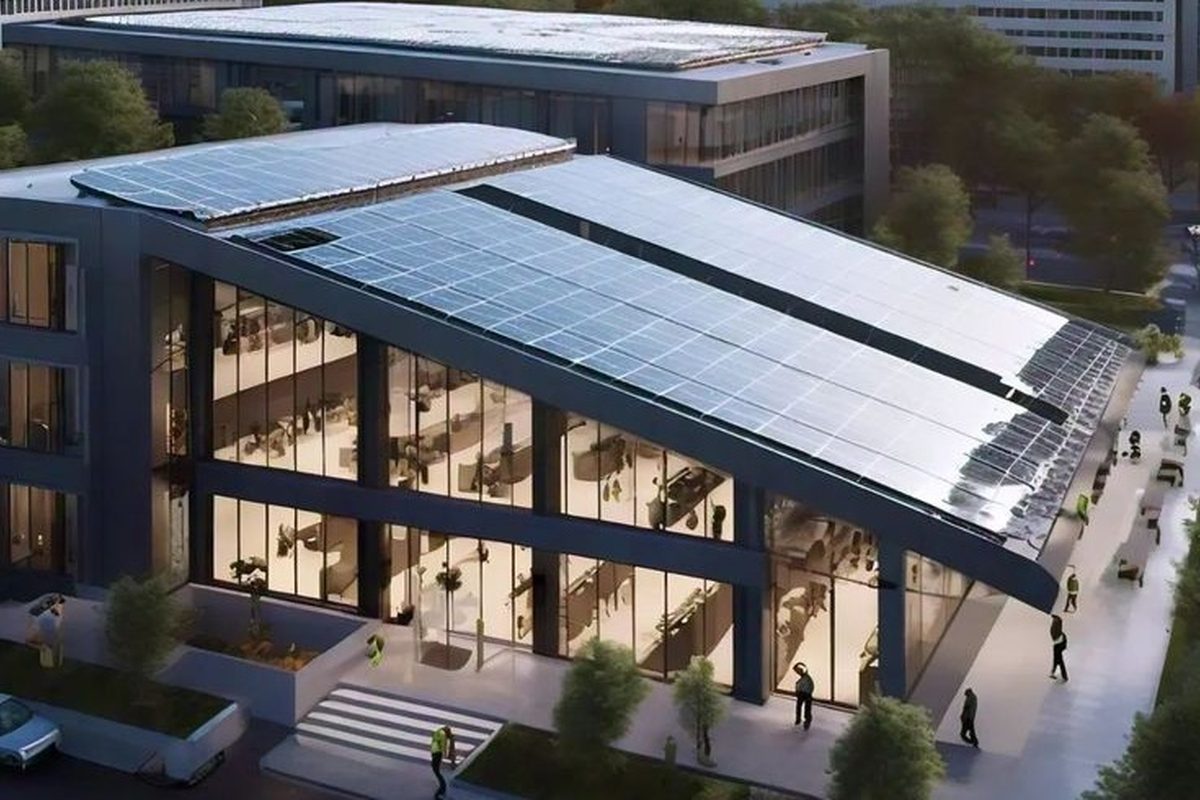 Illustration of a modern office building with solar panels covering its sloped roof