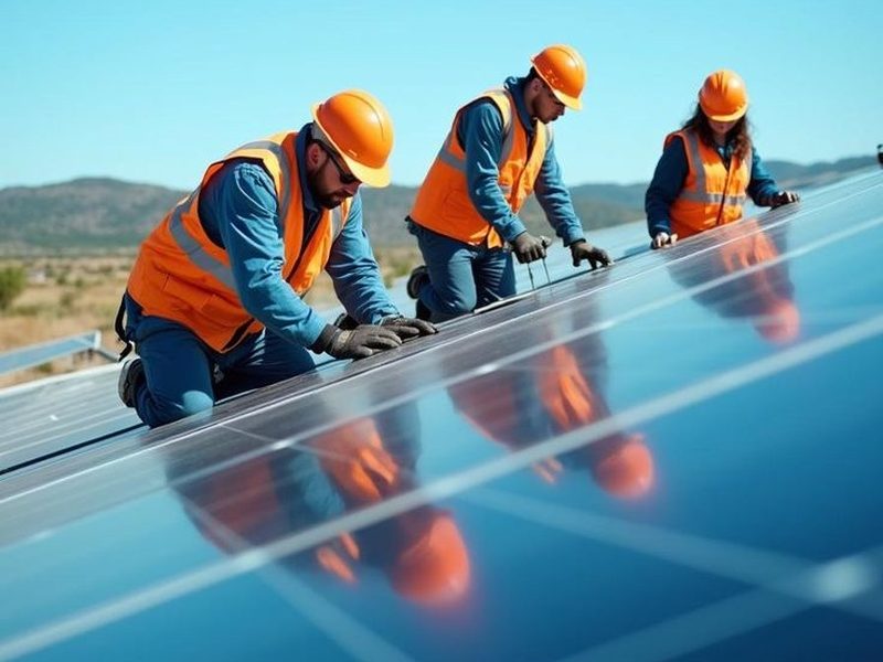 Installation crew fitting panels on a large ground-mounted solar array