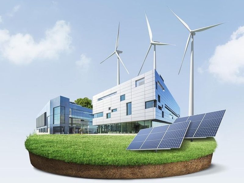 Illustration of a modern institutional campus with solar panels on its grounds