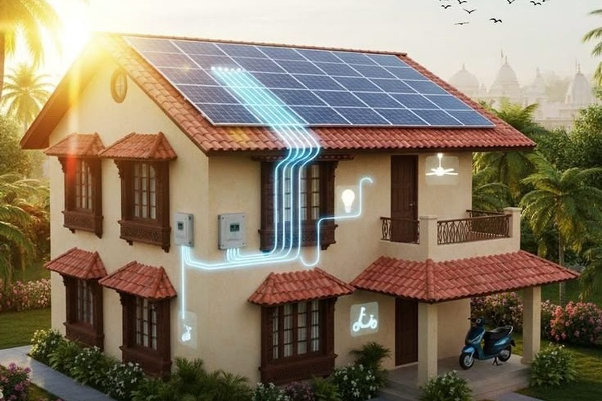 Illustration of an Indian home with a rooftop solar system powering lights, fans and appliances