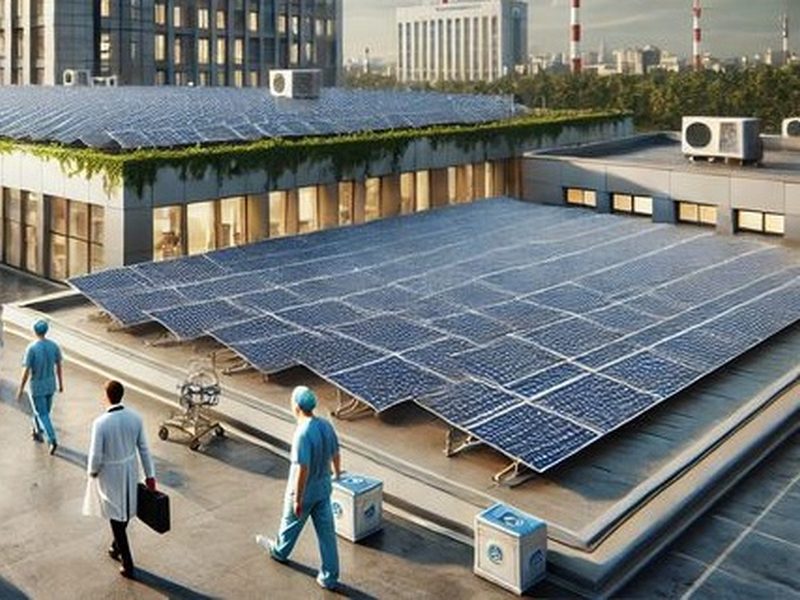 Medical staff walking past a large solar array on a hospital roof