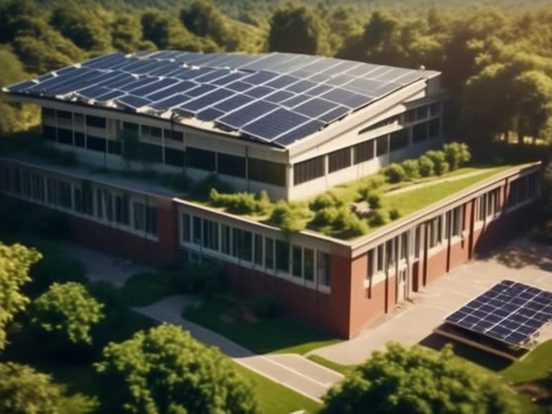 Aerial view of an institutional campus building with rooftop and ground-mounted solar panels