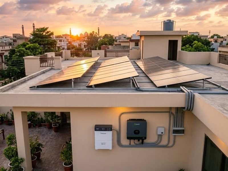 Rooftop solar panels with inverter and battery installed on a family home at sunset