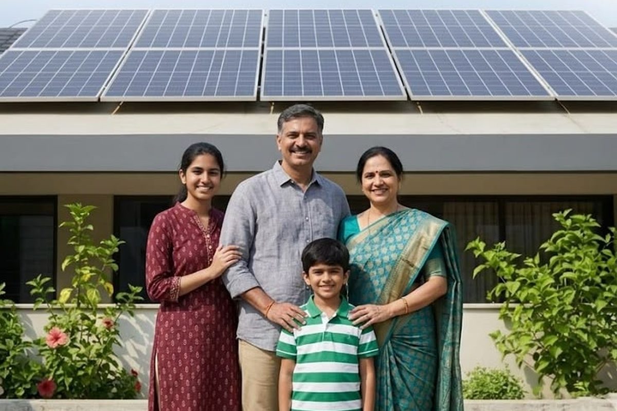 A family standing outside their home below a residential rooftop solar array